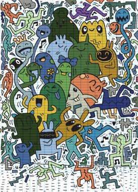 El çizimi Doodle vektör çizim, komik parti insanlar, F