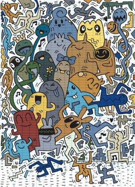 El çizimi Doodle vektör çizim, komik parti insanlar, F