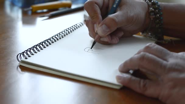 Disegnando sulla carta, disegna uno schizzo a matita di un primo piano — Video Stock