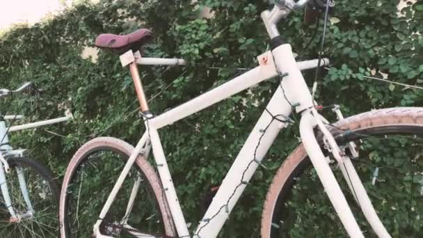 Närbild, Retro vintage cyklar i dåligt skick hängande justerad i raden, bakgrundsbelyst — Stockvideo