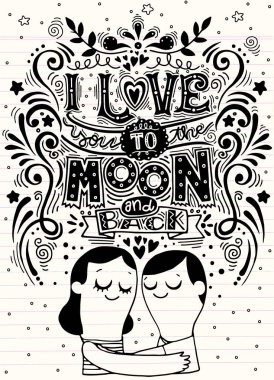 Ay ve arka için seni seviyorum. Elle çizilmiş poster ile bir romant