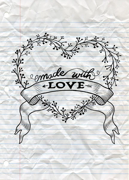 Gemacht mit Liebe handwritten.floral heart.doodle heart. Vektorkrank — Stockvektor