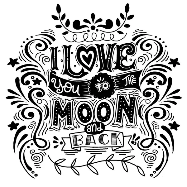 Je t'aime à la lune et au dos. Affiche dessinée à la main avec un romant — Image vectorielle