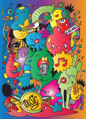 Müzik arka plan, müzik aletleri ile kolaj. El Doodle, vektör çizim çizimi.