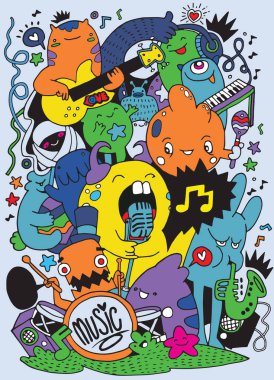 Müzik arka plan, müzik aletleri ile kolaj. El Doodle, vektör çizim çizimi.