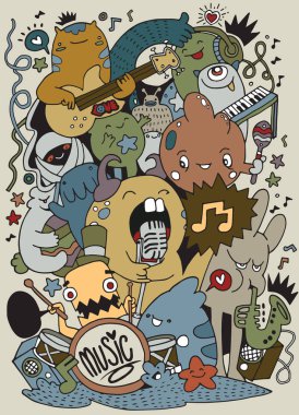 Müzik arka plan, müzik aletleri ile kolaj. El Doodle, vektör çizim çizimi.