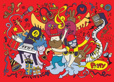 El çizimi Doodle vektör çizim, komik parti insanlar 
