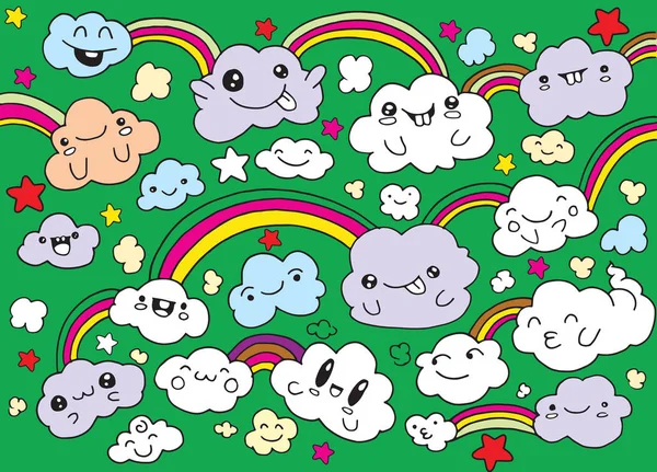 Nuvole Doodle e arcobaleno, Vettore disegnato a mano — Vettoriale Stock