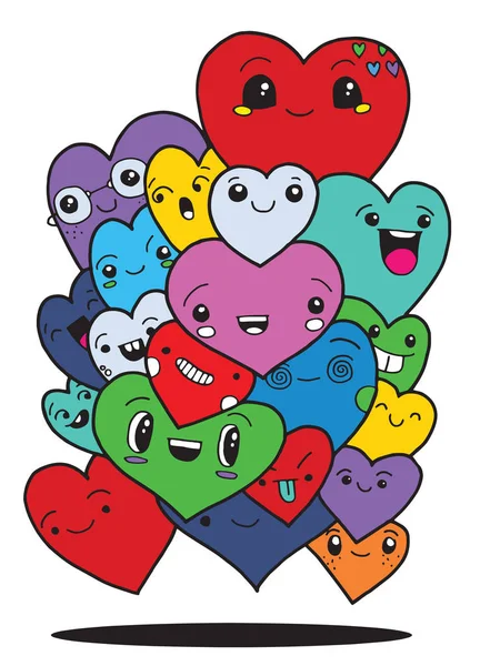 Crowd of funny heart, doodle background for your design — Stock Vector