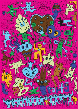 parti, dans ve içki elle çizilmiş aşk doodles