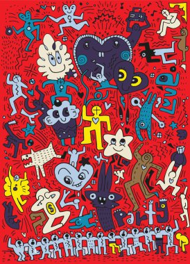 parti, dans ve içki elle çizilmiş aşk doodles