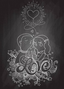 Aşık, bir oğlan ve bir kız kompozisyon ile aşk el lette doodle