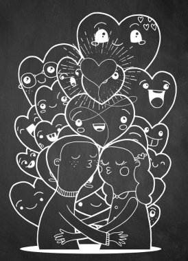 Aşık, bir oğlan ve bir kız kompozisyon ile doodle. Kalabalık komik