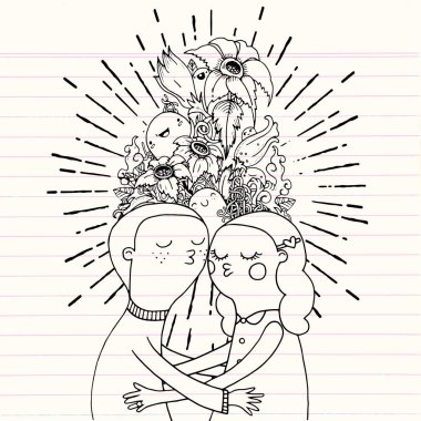 Aşık, bir oğlan ve bir kız doodle stil bileşiminde doodle. Flo