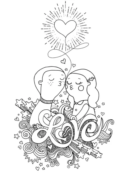 Amoureux de caniche, un garçon et une fille composition avec Love hand lette — Image vectorielle