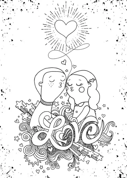 Doodle amantes, um menino e uma composição menina com amor mão lette — Vetor de Stock