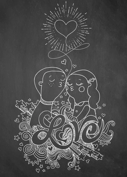 Doodle älskare, en pojke och en flicka sammansättning med kärlek hand lette — Stock vektor
