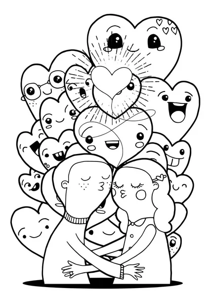 Doodle lovers, a boy and a girl composition with .Crowd of funny — Stock Vector