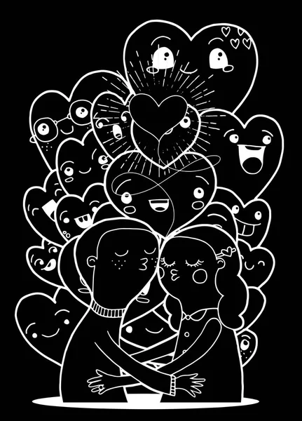 Amantes de Doodle, un niño y una chica composición con .Crowd de divertido — Vector de stock