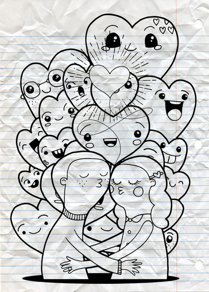 Amantes de Doodle, un niño y una chica composición con .Crowd de divertido — Vector de stock