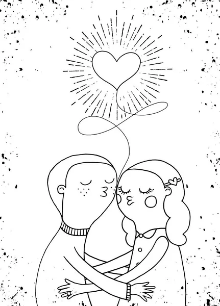 Doodle amantes, um menino e uma menina sob o coração com raios de sol em vi —  Vetores de Stock