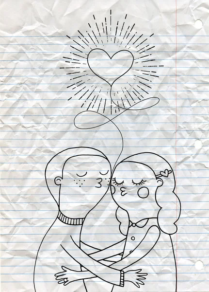 Amantes de Doodle, un niño y una niña bajo el corazón con explosiones de sol en vi — Archivo Imágenes Vectoriales