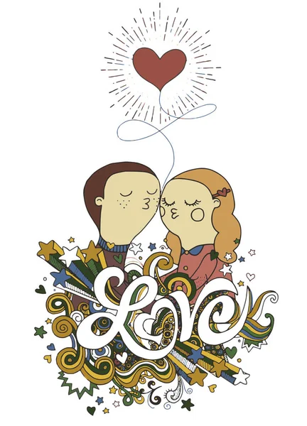 Любовники каракули, мальчик и девушка композиция с ручкой любви летка — стоковый вектор