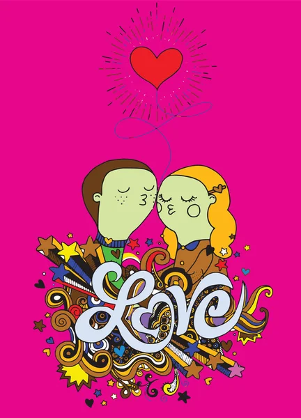 Amantes de Doodle, un niño y una niña composición con amor mano lette — Vector de stock