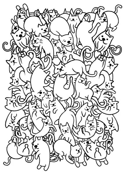 Ручной рисунок милые каракули группы кошки, плоский дизайн вектор иллюстрации — стоковый вектор
