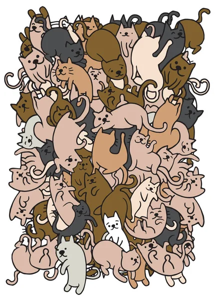 Ruční kresba roztomilý doodle kočky skupiny, plochý Design vektor illustrat — Stockový vektor