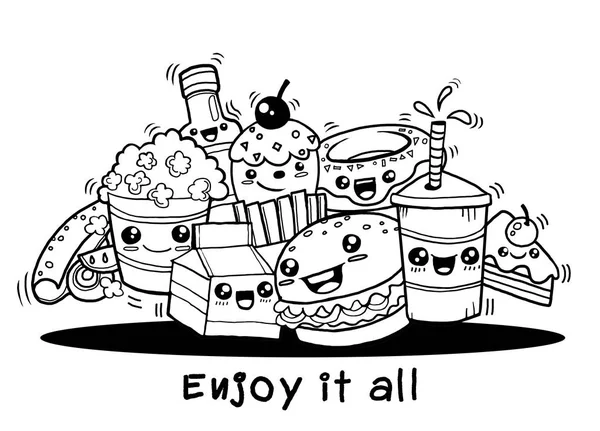 手绘漫画，平面设计矢量插图中的可爱的快餐食品。涂鸦风格 — 图库矢量图片