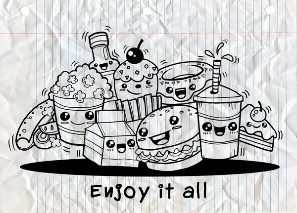 Dibujo a mano linda comida rápida en cómic, ilustración vectorial de diseño plano. estilo garabato — Vector de stock