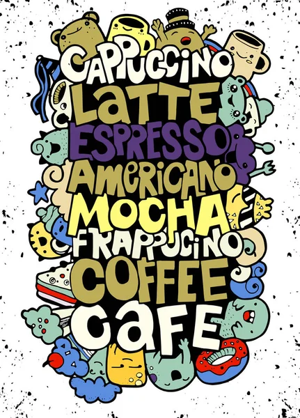 Ручной рисунок названия популярных кофе напитки с милыми монстрами, плоский дизайн вектор иллюстрации. Дудл-стиль — стоковый вектор