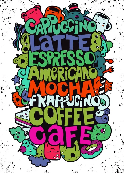 Hand drawing names of popular coffee drinks with cute monsters ,Flat Design Vector illustration. doodle style — Stock Vector