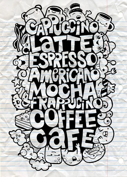 Dibujo a mano nombres de bebidas de café populares con monstruos lindos, ilustración de vectores de diseño plano. estilo garabato — Vector de stock