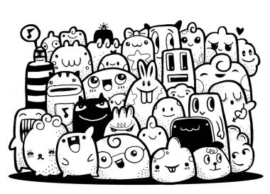 Hipster elle çizilmiş deli canavar grup, çizim stili doodle. Vect