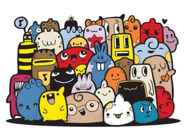 Hipster elle çizilmiş deli canavar grup, çizim stili doodle. Vect