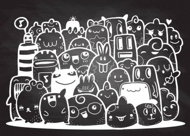 Hipster elle çizilmiş deli canavar grup, çizim stili doodle. Vect