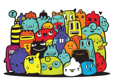 Hipster elle çizilmiş deli canavar grup, çizim stili doodle. Vektör çizim