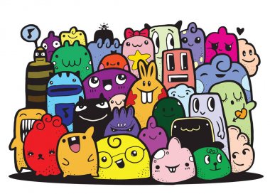 Hipster elle çizilmiş deli canavar grup, çizim stili doodle. Vektör çizim