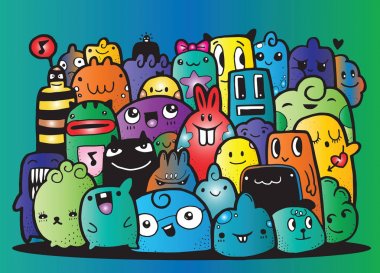 Hipster elle çizilmiş deli canavar grup, çizim stili doodle. Vect