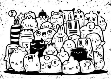Hipster elle çizilmiş deli canavar grup, çizim stili doodle. Vect