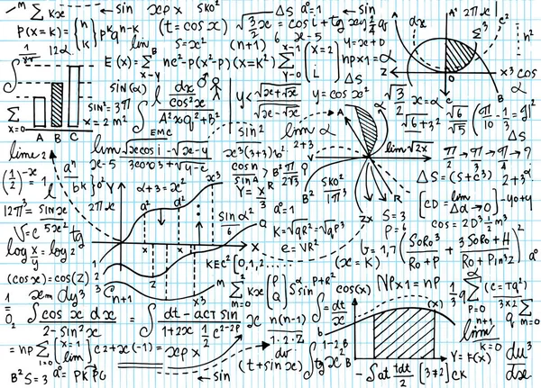 Modello vettoriale di educazione matematica con formule scritte a mano, compiti , — Vettoriale Stock