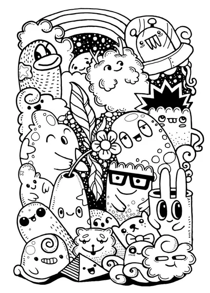 Hipster Hand drawn Crazy doodle Monster garden, desenho style.Vec —  Vetores de Stock