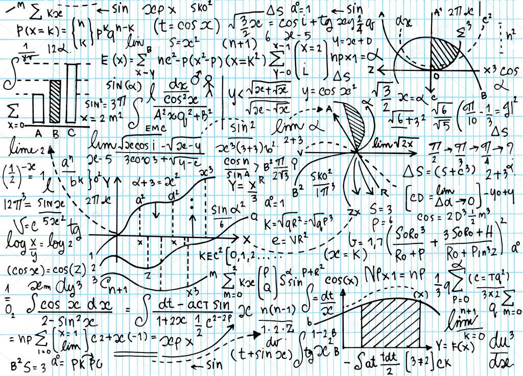Math education vector pattern with handwritten formulas, tasks, 