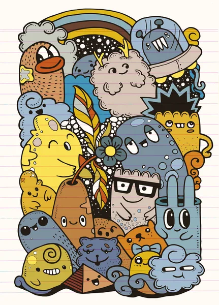 Hipster dibujado a mano loco doodle monstruo grupo, dibujo style.Vector ilustración — Vector de stock