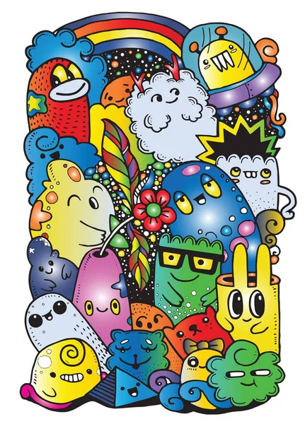 Hipster Hand drawn Crazy doodle Monster garden, desenho style.Vec —  Vetores de Stock