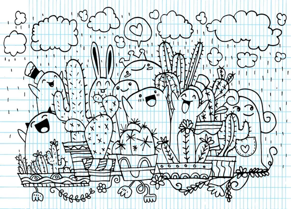 Kézzel rajzolt vektoros illusztráció kaktusz doodle edények és aranyos — Stock Vector