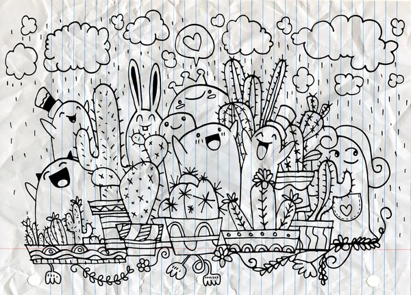 Kézzel rajzolt vektoros illusztráció kaktusz doodle edények és aranyos — Stock Vector