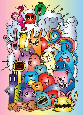 Hipster elle çizilmiş deli canavar grup, çizim stili doodle. Vektör çizim